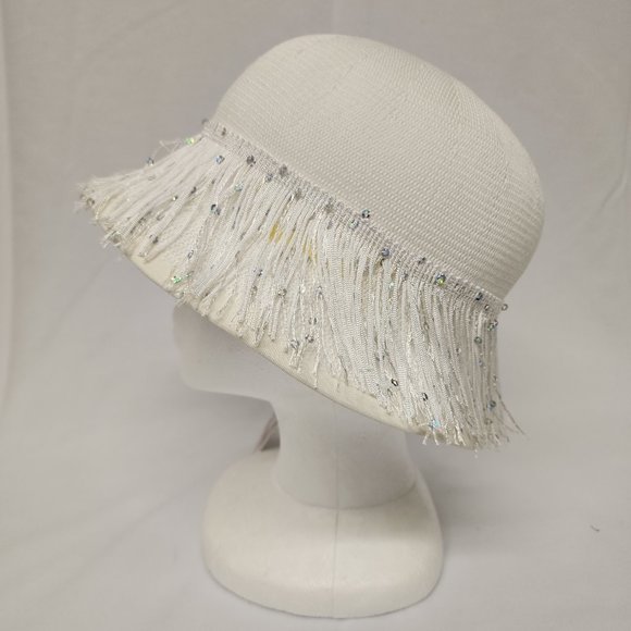 White Soft Cloche Hat  w/Beaded Flower